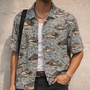 Vintage Campia Sz M Mahi Mahi Fish Graphic Blue Short Sleeve Button Down Shirt